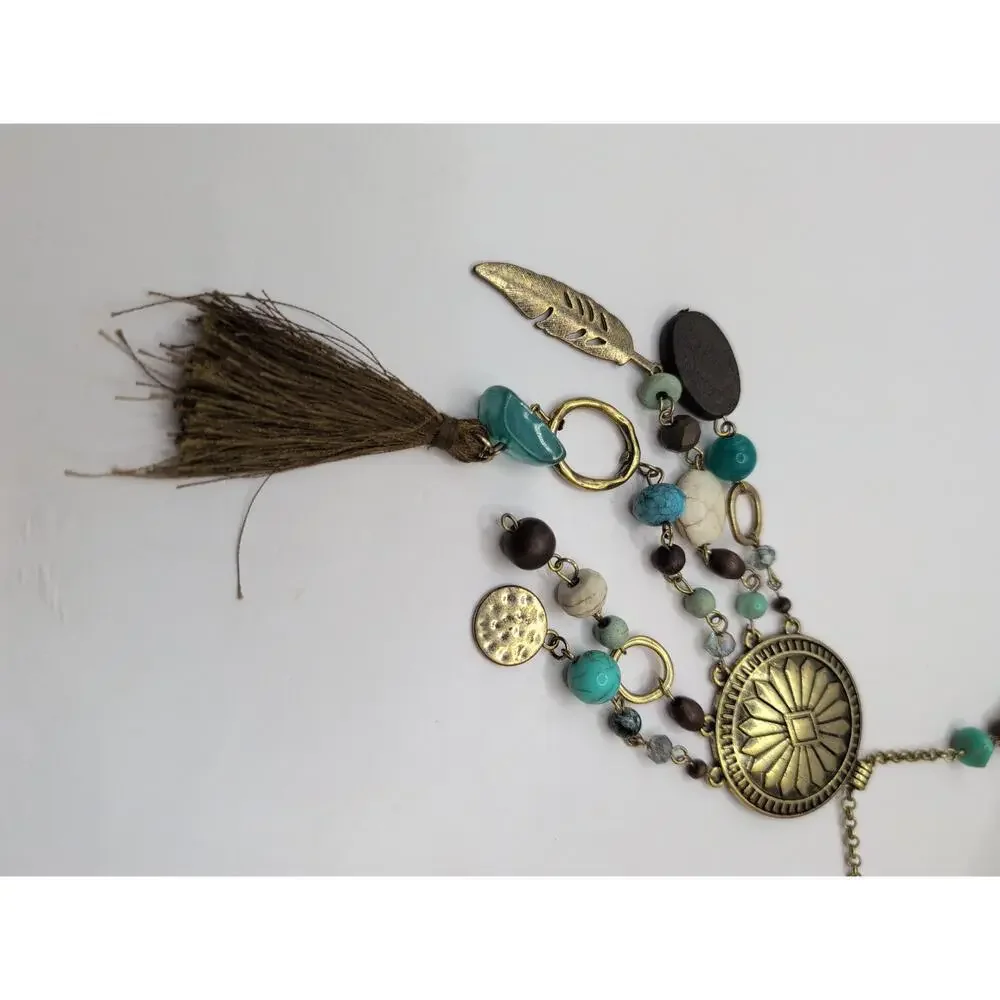 Vintage 1946 Turquoise Fringe Tassel Fabric Charm Beaded Necklace
